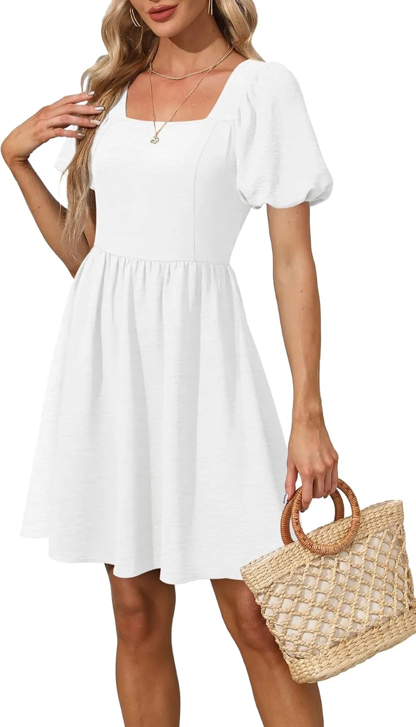 OFEEFAN Women Puff Sleeve Square Neck Tie in Back Dresses with Zipper