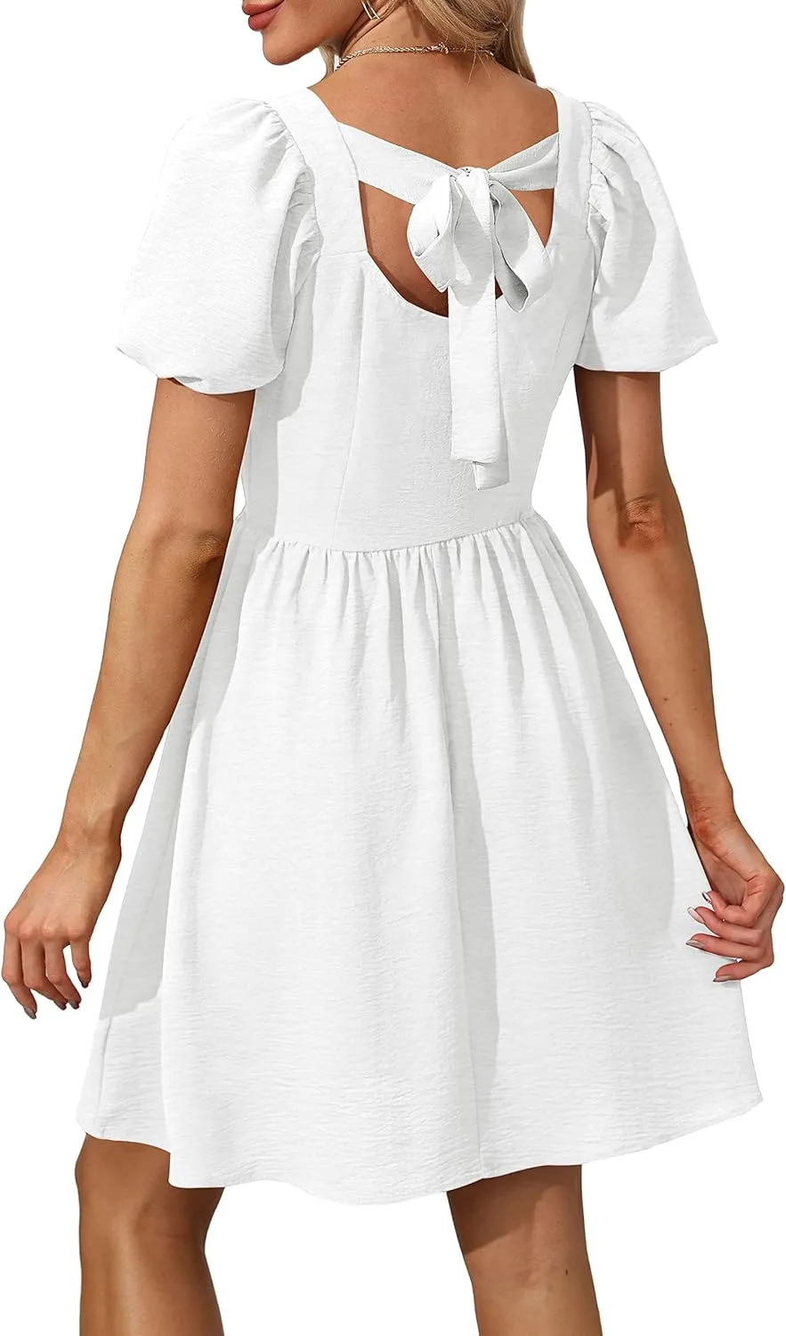 OFEEFAN Women Puff Sleeve Square Neck Tie in Back Dresses with Zipper