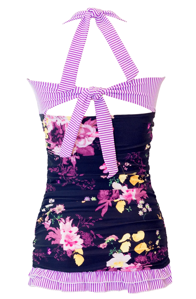 Open Back Ruched Halter Top - Black Floral Stripes - FINAL SALE - FINAL FEW