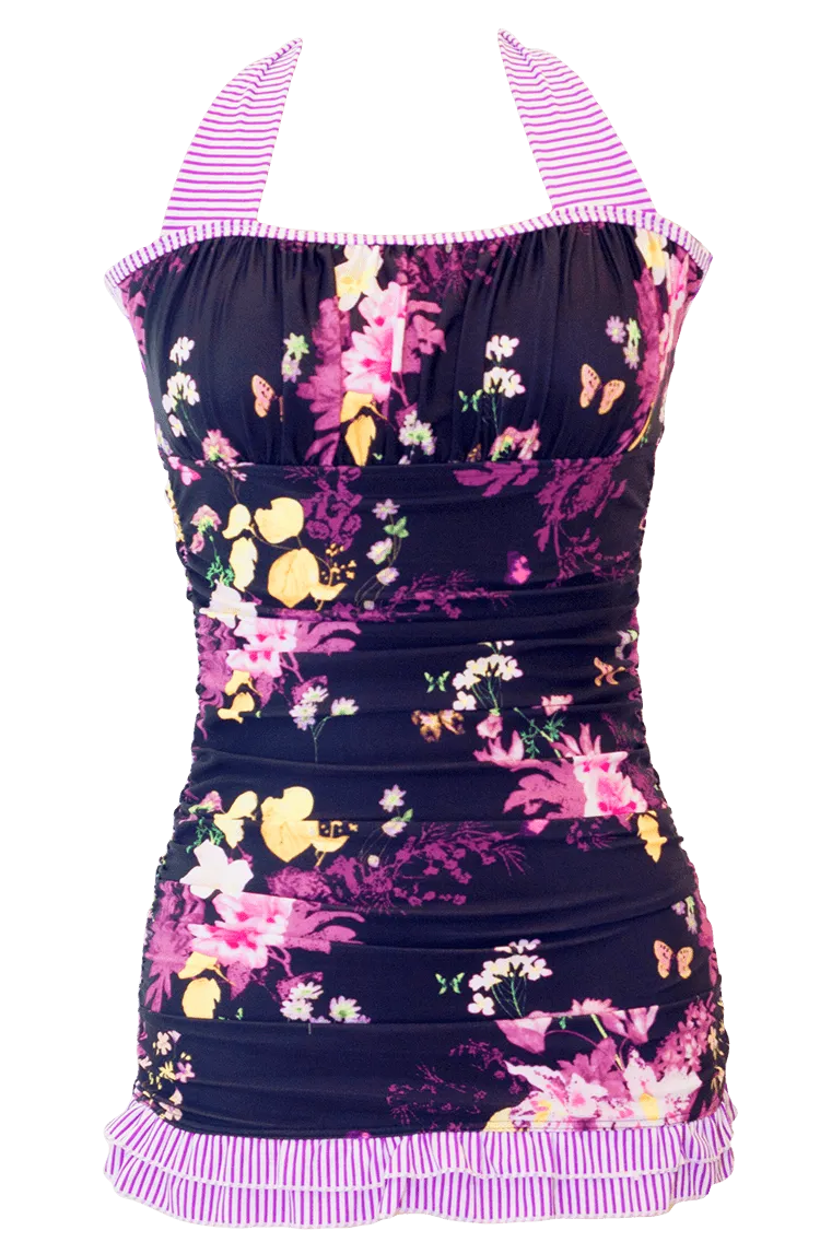 Open Back Ruched Halter Top - Black Floral Stripes - FINAL SALE - FINAL FEW