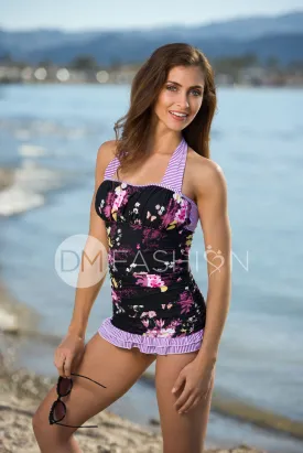 Open Back Ruched Halter Top - Black Floral Stripes - FINAL SALE - FINAL FEW