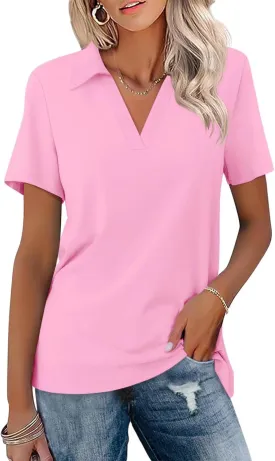 ORANDESIGNE Women's Short Sleeve V Neck Polo Shirts Summer Collared Tops Casual Loose Tees Tops