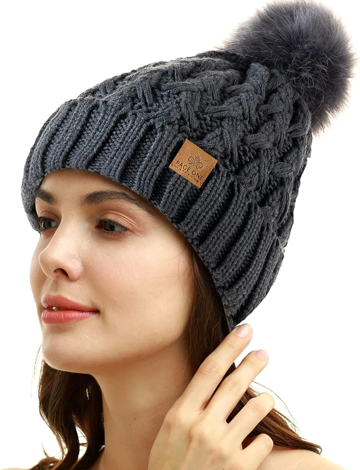 PAGE ONE Womens Winter Ribbed Beanie Crossed Cap Chunky Cable Knit Pompom Soft Warm Hat