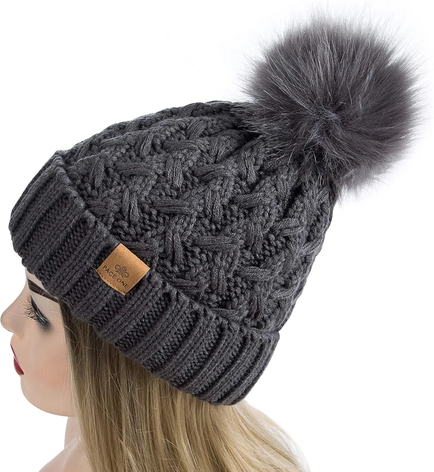 PAGE ONE Womens Winter Ribbed Beanie Crossed Cap Chunky Cable Knit Pompom Soft Warm Hat