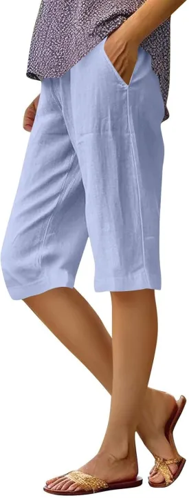 Pedal Pushers for Women Summer Pull On Bermuda Cotton Linen Shorts Knee Length Casual Beach Yoga Shorts with Pockets