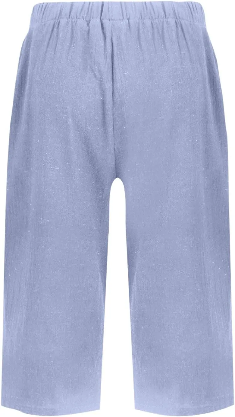 Pedal Pushers for Women Summer Pull On Bermuda Cotton Linen Shorts Knee Length Casual Beach Yoga Shorts with Pockets