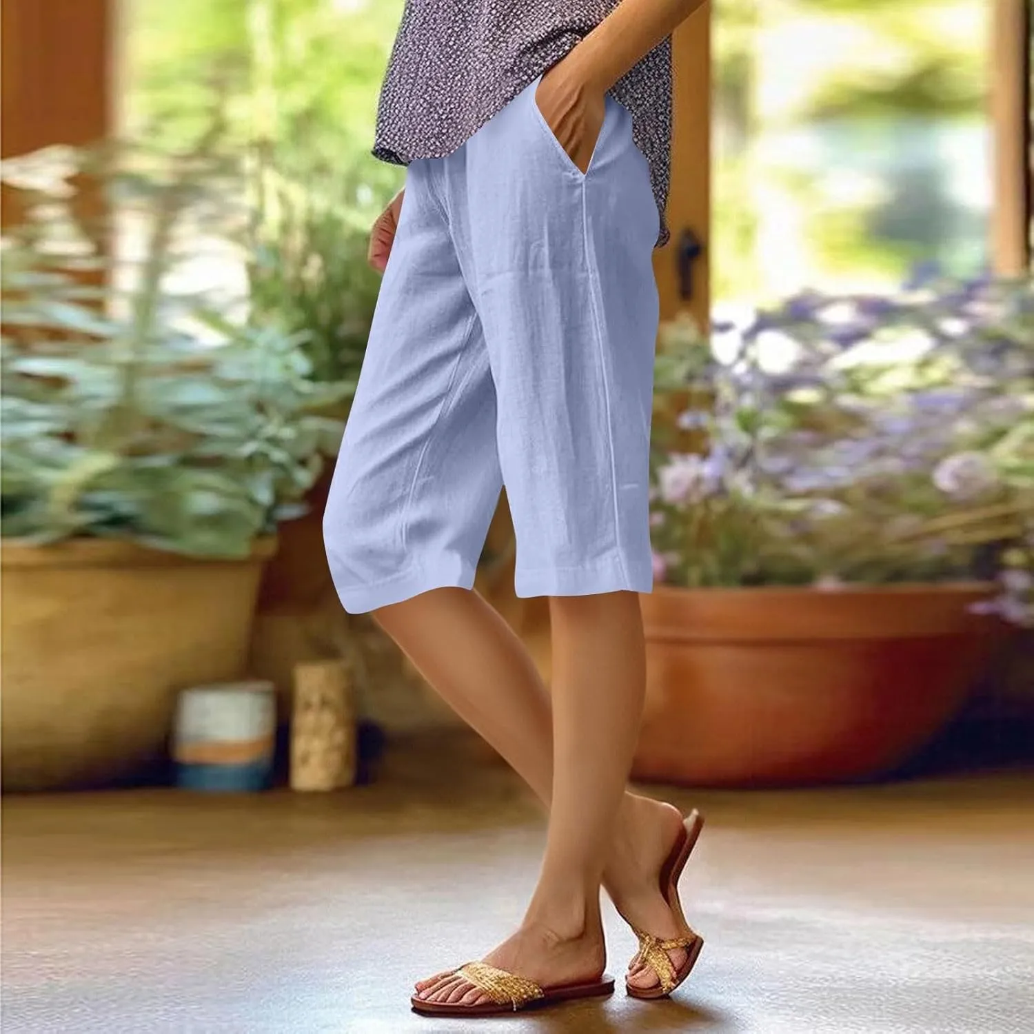 Pedal Pushers for Women Summer Pull On Bermuda Cotton Linen Shorts Knee Length Casual Beach Yoga Shorts with Pockets