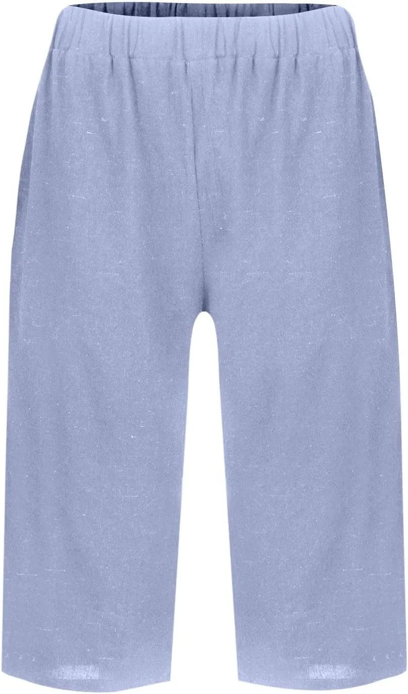 Pedal Pushers for Women Summer Pull On Bermuda Cotton Linen Shorts Knee Length Casual Beach Yoga Shorts with Pockets
