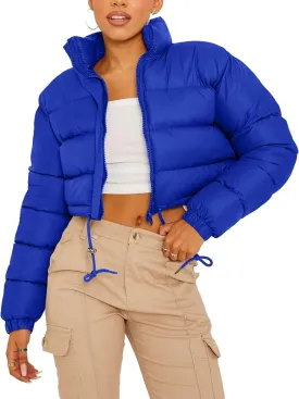 PEHMEA Women Cropped Puffer Jacket Winter Zip Up Short Padded Down Coat(RoyalBlue-L)