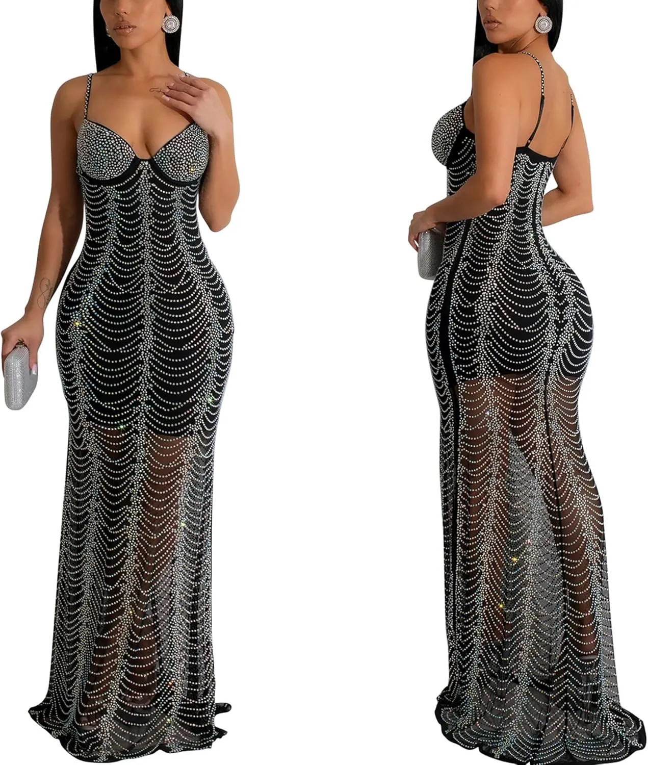 PORRCEY Women Sexy Elegant Rhinestone Mesh See Through Dress Hot Drilling Party Club Night Outfits