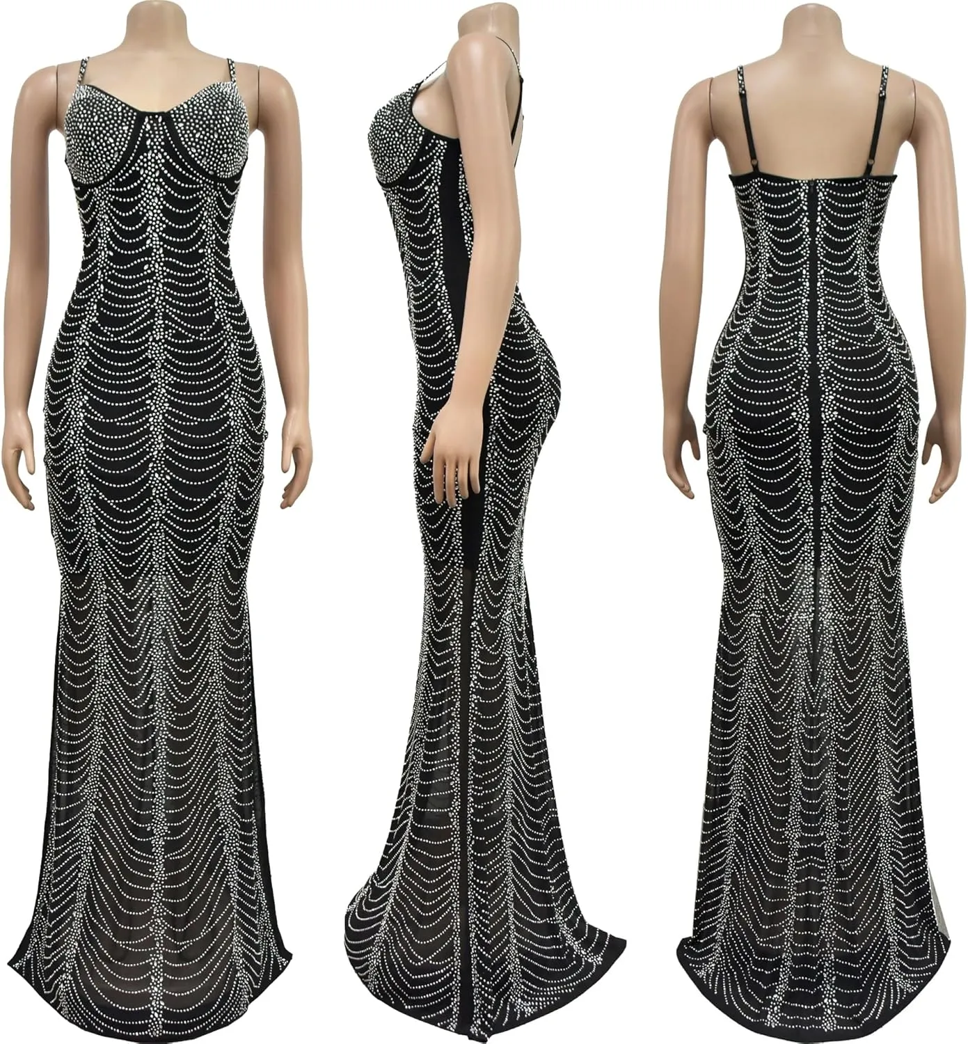PORRCEY Women Sexy Elegant Rhinestone Mesh See Through Dress Hot Drilling Party Club Night Outfits