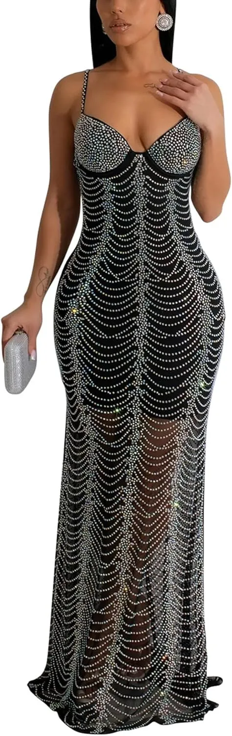 PORRCEY Women Sexy Elegant Rhinestone Mesh See Through Dress Hot Drilling Party Club Night Outfits