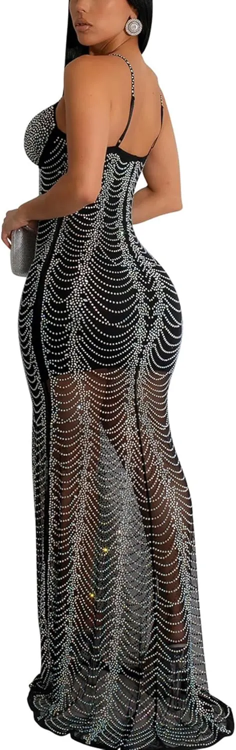PORRCEY Women Sexy Elegant Rhinestone Mesh See Through Dress Hot Drilling Party Club Night Outfits