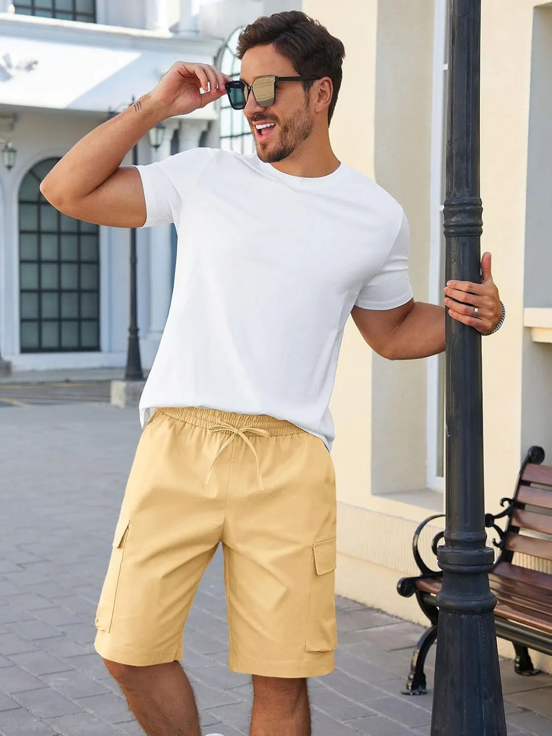 Runcati Mens Cargo Shorts Chino Cotton Drawstring Casual Shorts Summer Twill Outdoor Short Pants