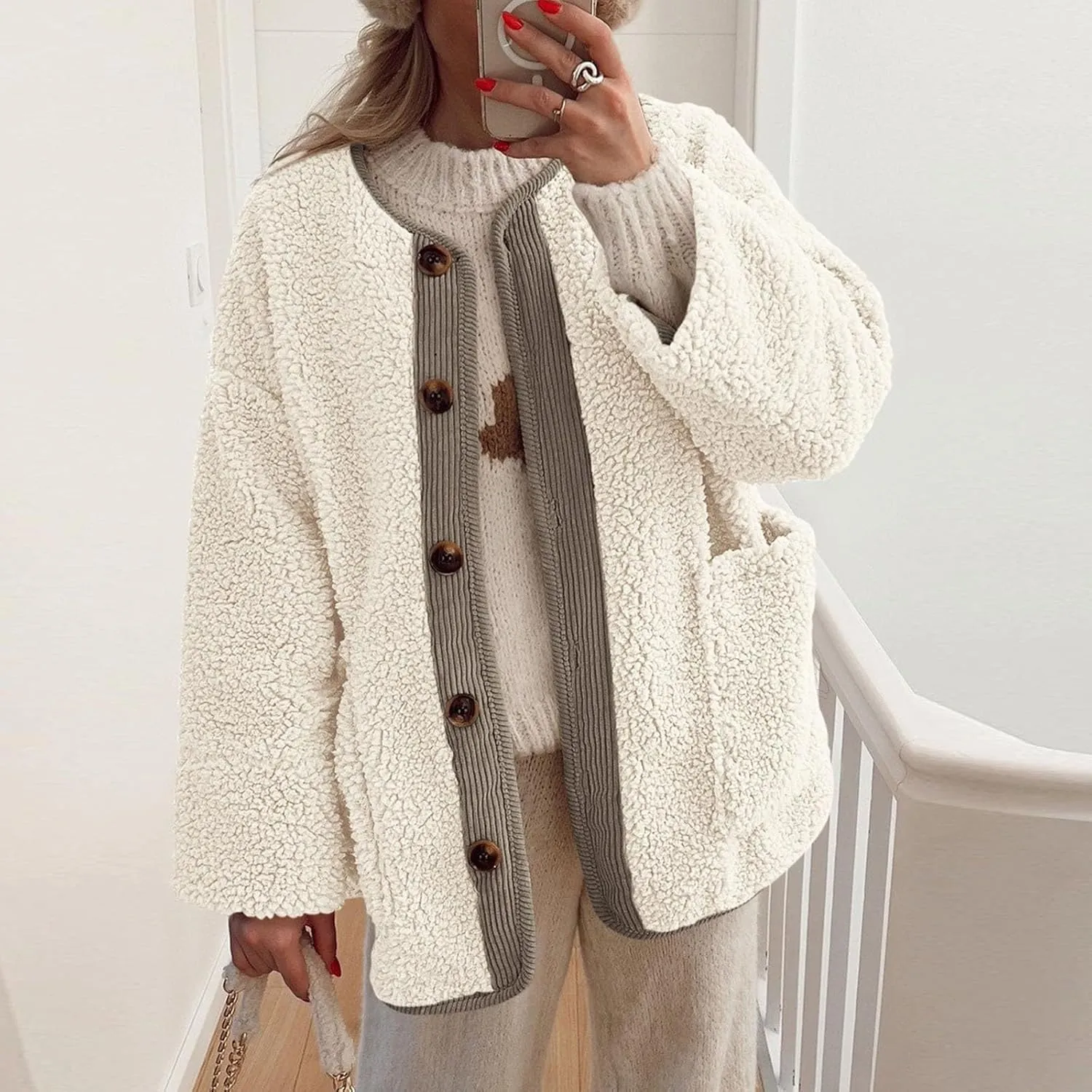 Sherpa Jacket Women Fuzzy Open Front Button Up Cardigans Oversized Fleece Jacket Warm Winter Coats with Pocket Outwear