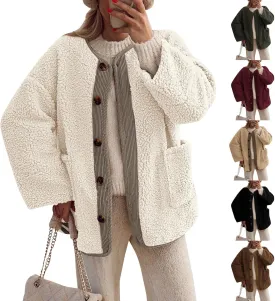 Sherpa Jacket Women Fuzzy Open Front Button Up Cardigans Oversized Fleece Jacket Warm Winter Coats with Pocket Outwear