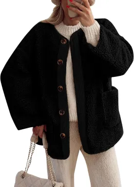 Sherpa Jacket Women Fuzzy Open Front Button Up Cardigans Oversized Fleece Jacket Warm Winter Coats with Pocket Outwear