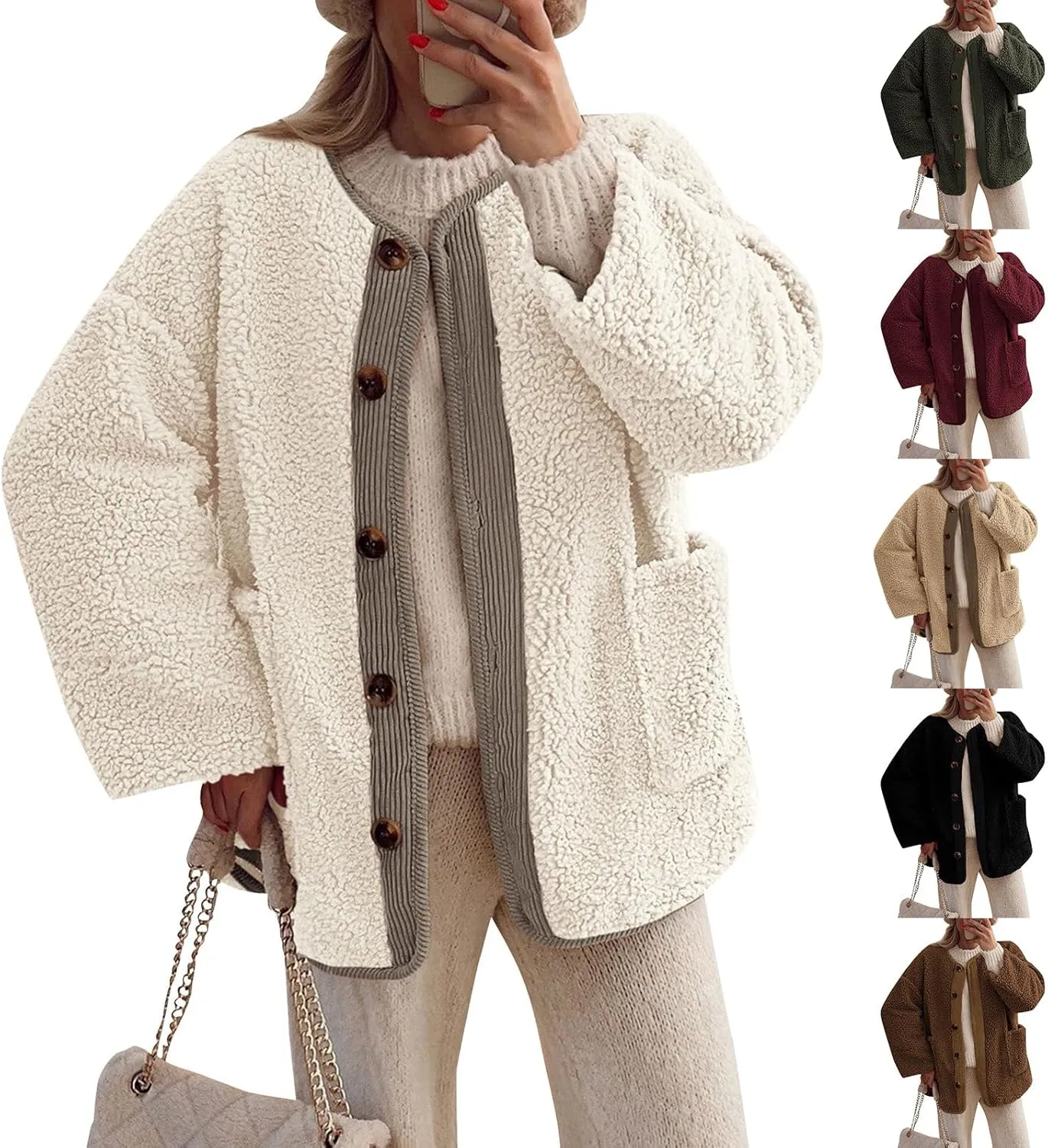 Sherpa Jacket Women Fuzzy Open Front Button Up Cardigans Oversized Fleece Jacket Warm Winter Coats with Pocket Outwear