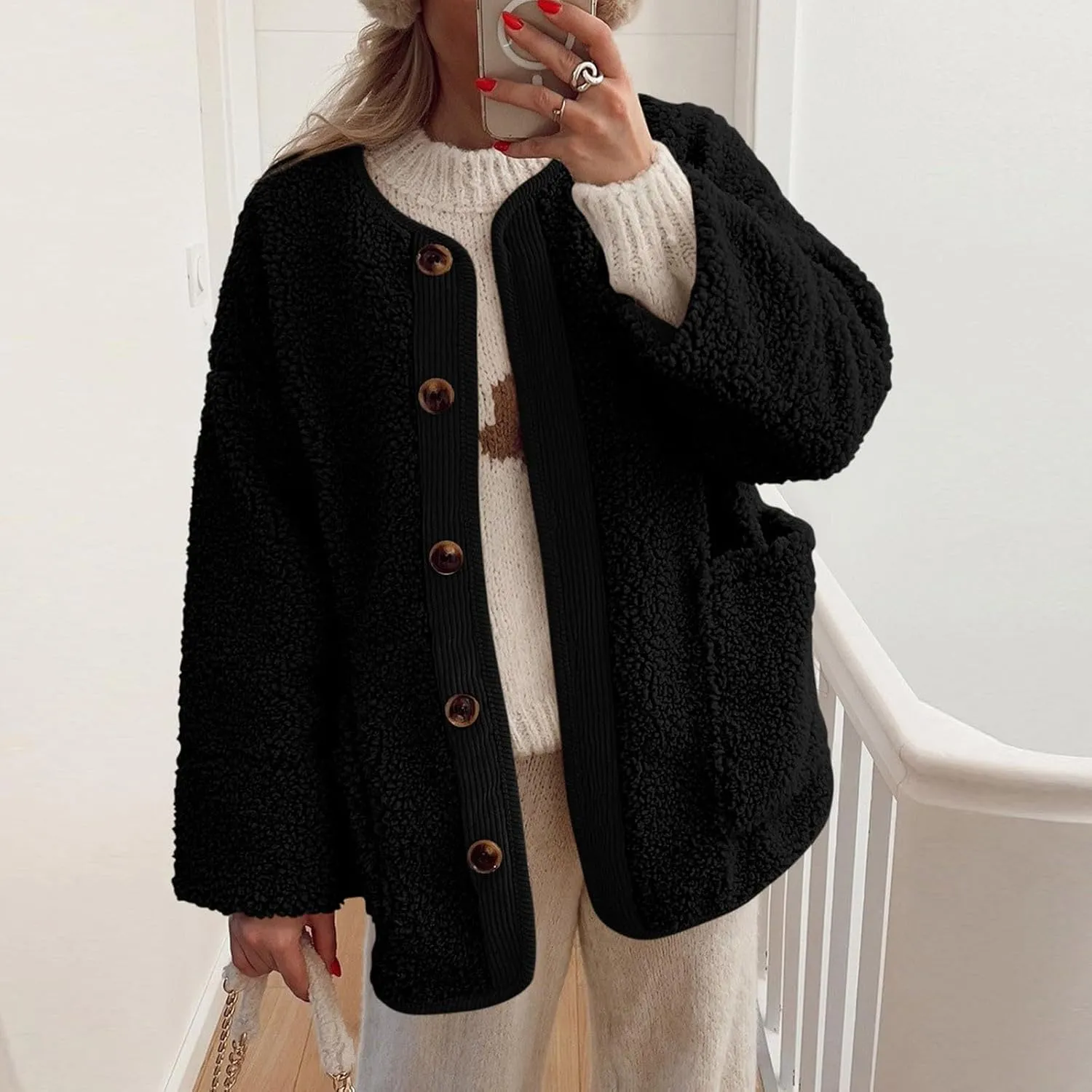 Sherpa Jacket Women Fuzzy Open Front Button Up Cardigans Oversized Fleece Jacket Warm Winter Coats with Pocket Outwear