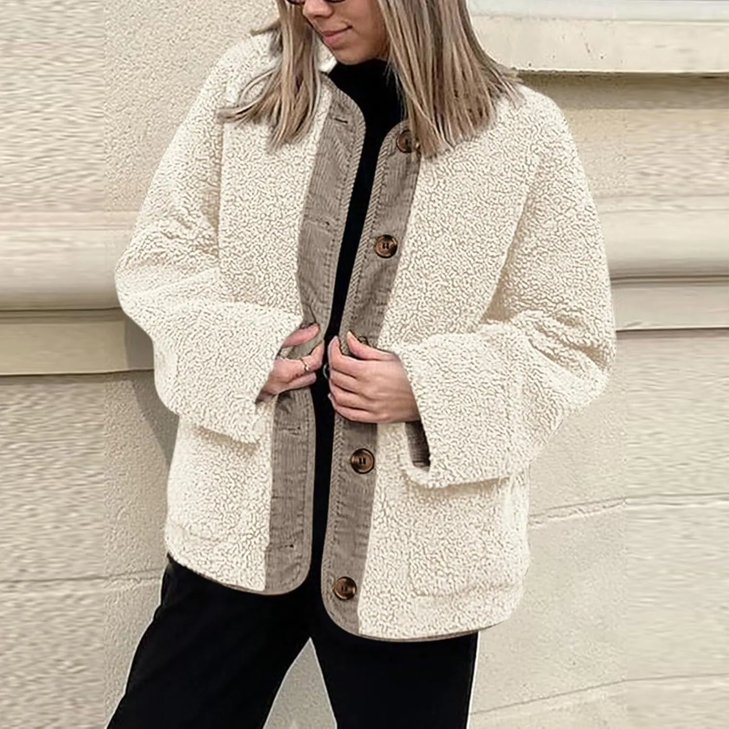 Sherpa Jacket Women Fuzzy Open Front Button Up Cardigans Oversized Fleece Jacket Warm Winter Coats with Pocket Outwear