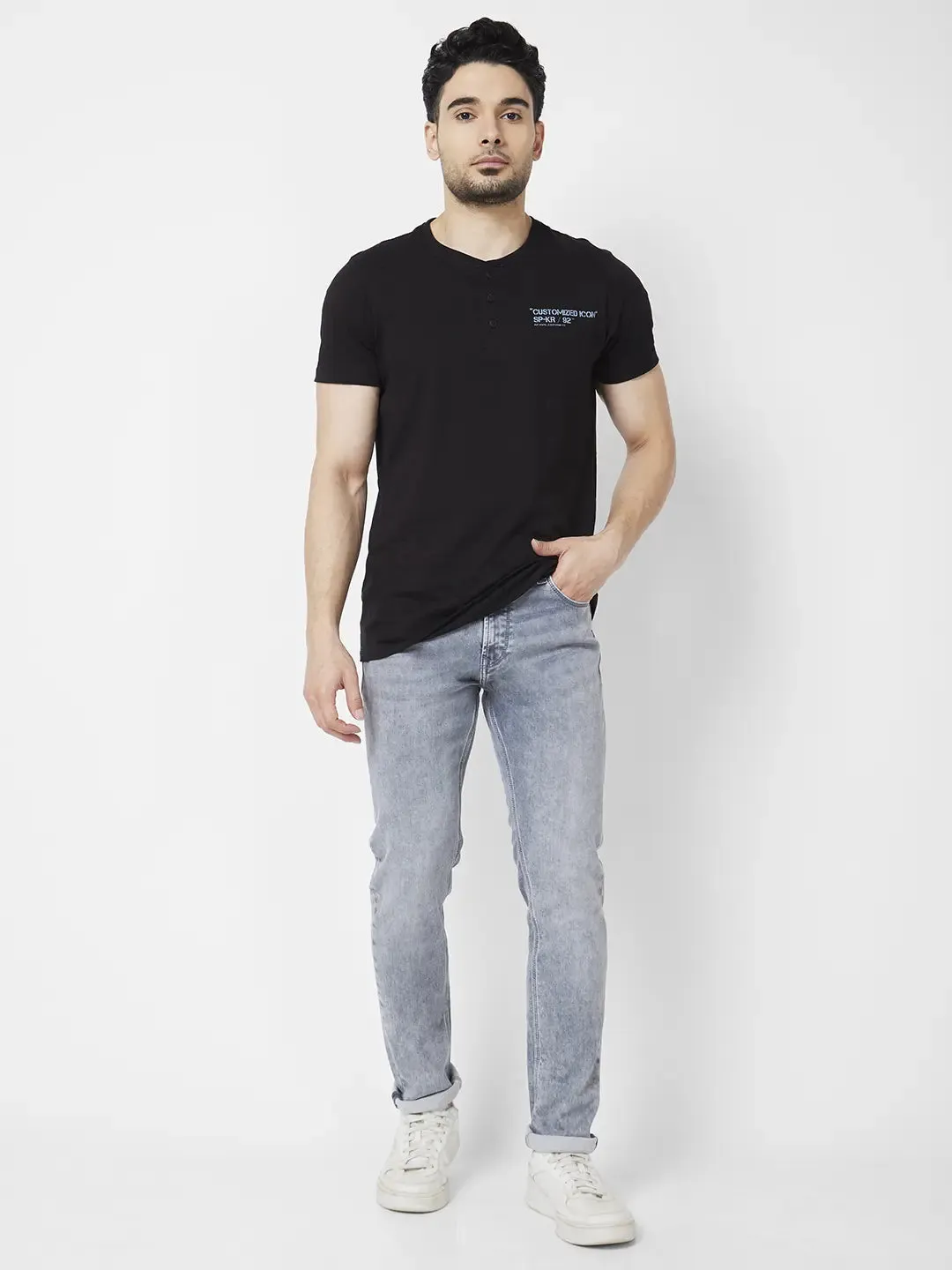 Spykar Men Light Grey Cotton Stretch Slim Fit Narrow Length Clean Look Low Rise Jeans (Skinny)