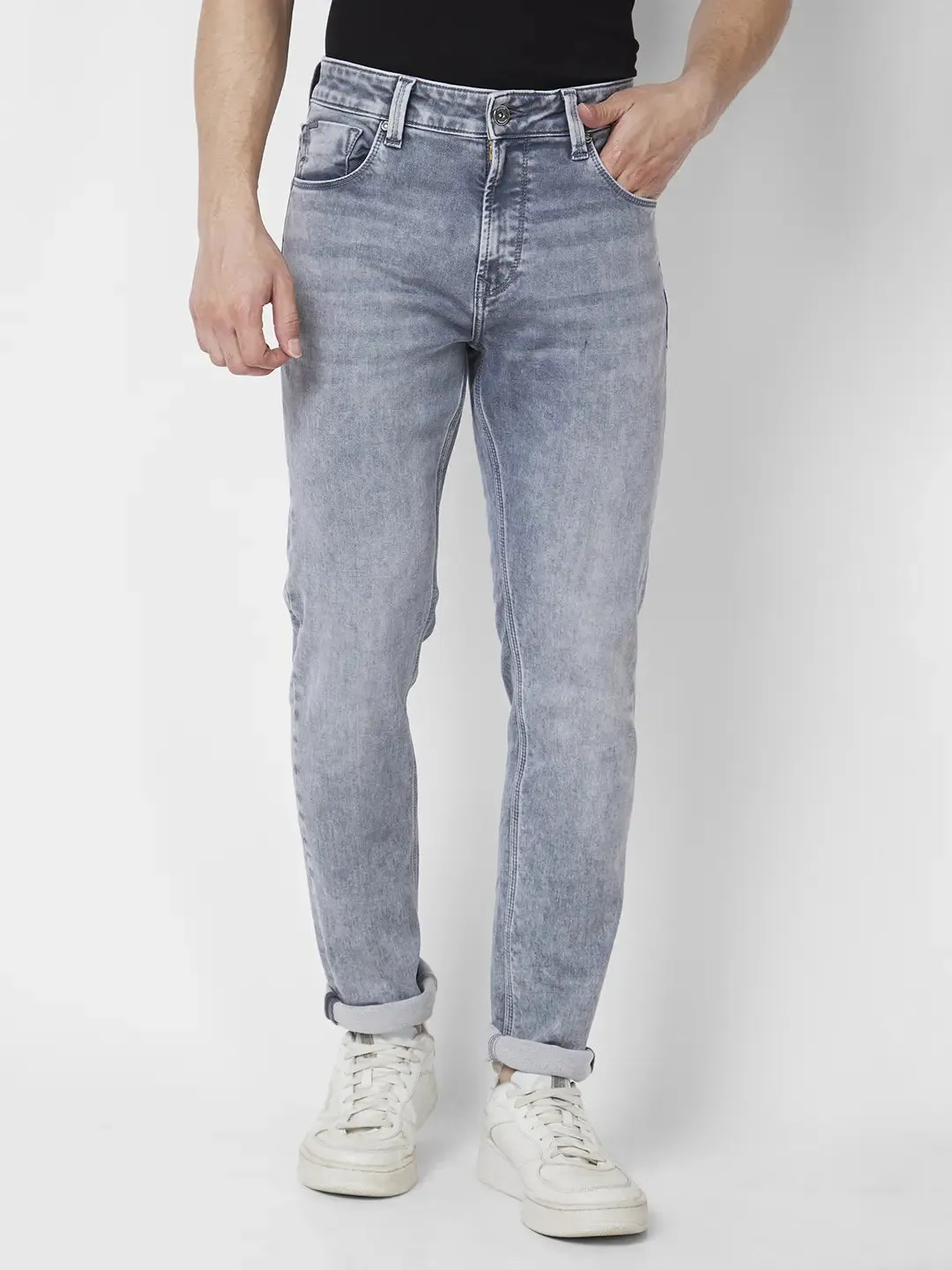 Spykar Men Light Grey Cotton Stretch Slim Fit Narrow Length Clean Look Low Rise Jeans (Skinny)