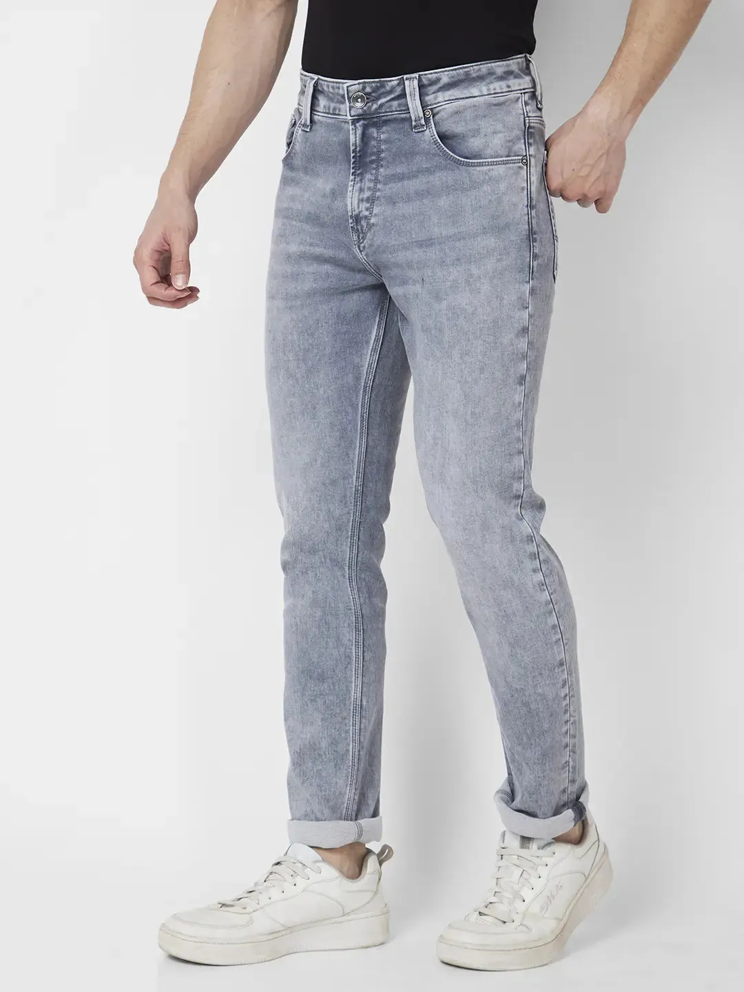 Spykar Men Light Grey Cotton Stretch Slim Fit Narrow Length Clean Look Low Rise Jeans (Skinny)