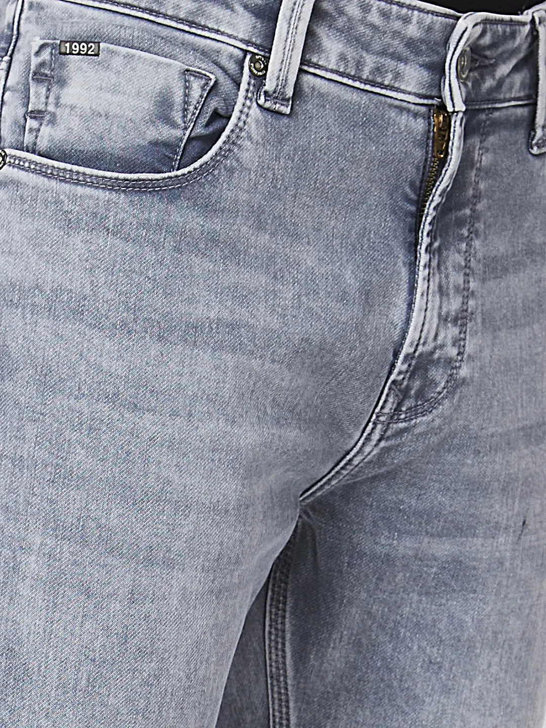 Spykar Men Light Grey Cotton Stretch Slim Fit Narrow Length Clean Look Low Rise Jeans (Skinny)
