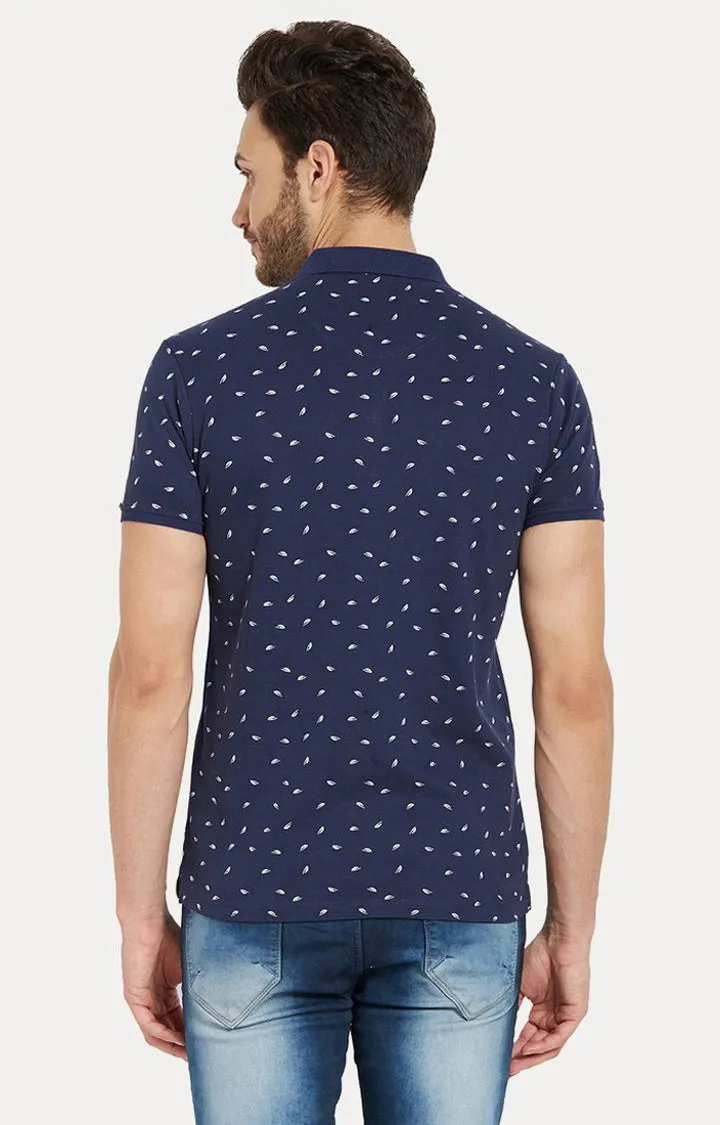Spykar Navy Printed Slim Fit Polo T-Shirt