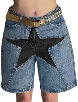 Star Patchwork Denim Shorts Mid Rise Long Jean Shorts Jorts Y2k Baggy Vintage Grunge Harajuku Streetwear