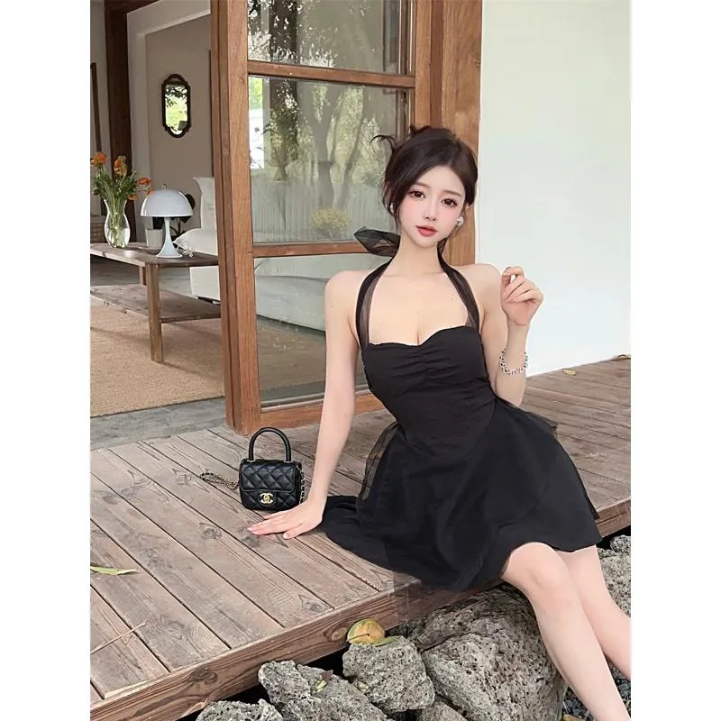 Strapless A-Line Skirt Fluffy Halter Solid Dress