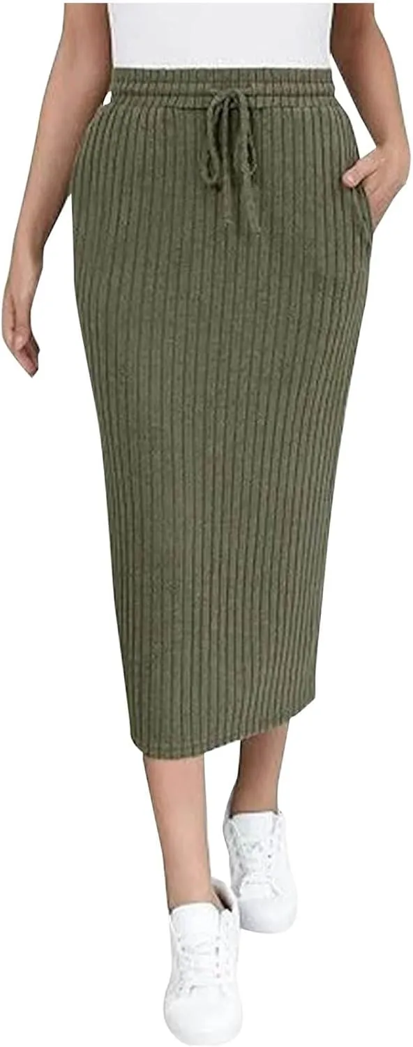 Stripe Maxi Skirts for Womens Ankle Length Bodycon Casual Long Skirt Fashion High Waisted Strap Knit Maxi Skirts