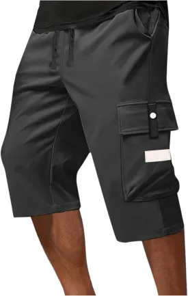 Summer Cargo Shorts for Men Elastic Drawstring Athletic Capri Pants Wide Leg Stretch Hiking Shorts with Multi Pockets