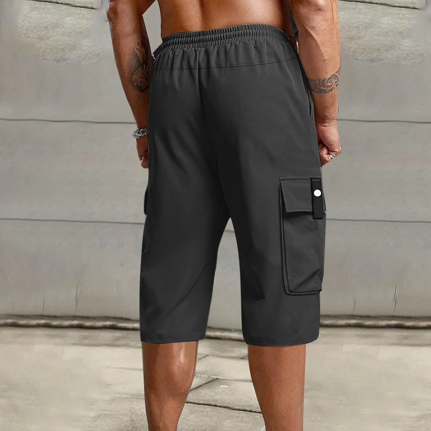 Summer Cargo Shorts for Men Elastic Drawstring Athletic Capri Pants Wide Leg Stretch Hiking Shorts with Multi Pockets