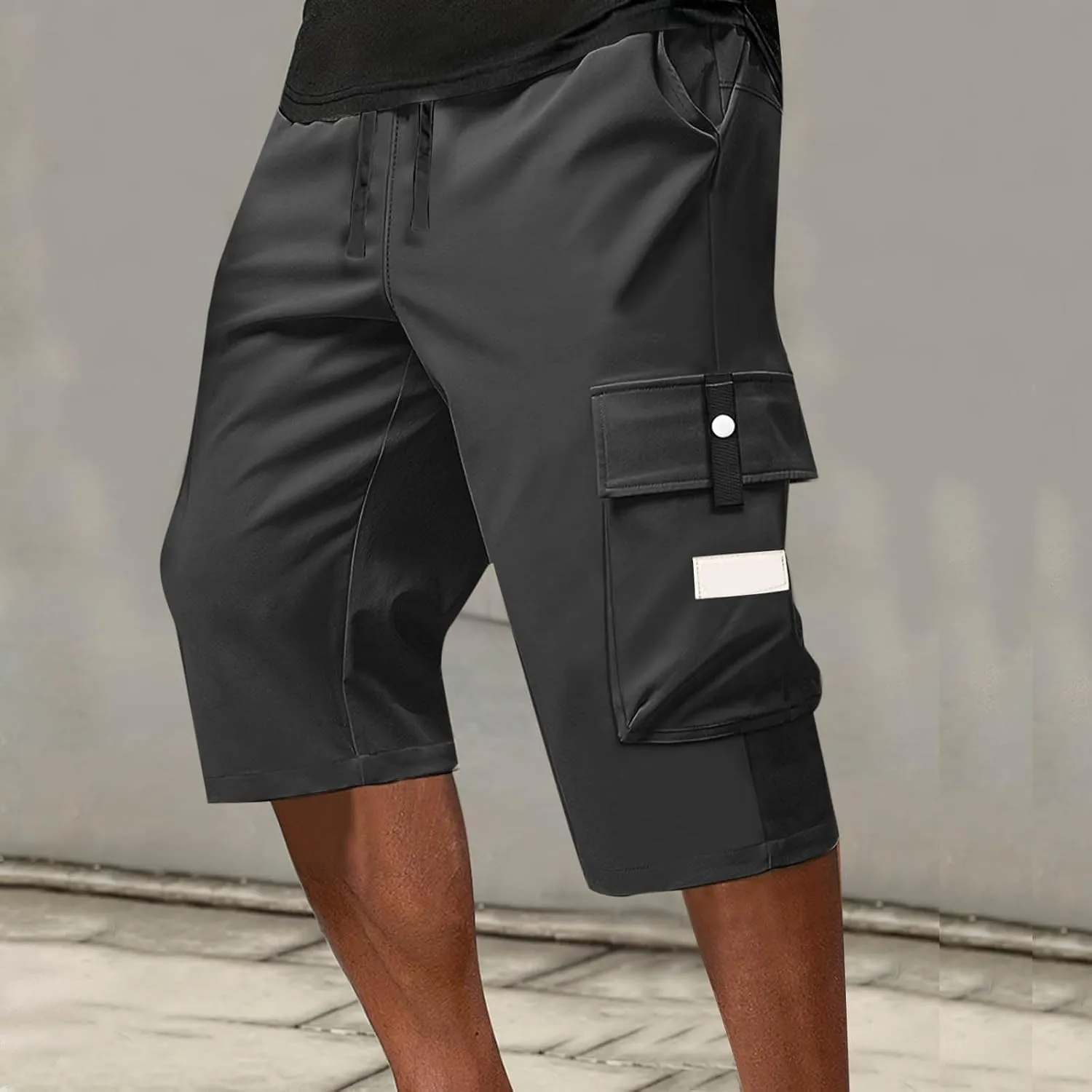 Summer Cargo Shorts for Men Elastic Drawstring Athletic Capri Pants Wide Leg Stretch Hiking Shorts with Multi Pockets