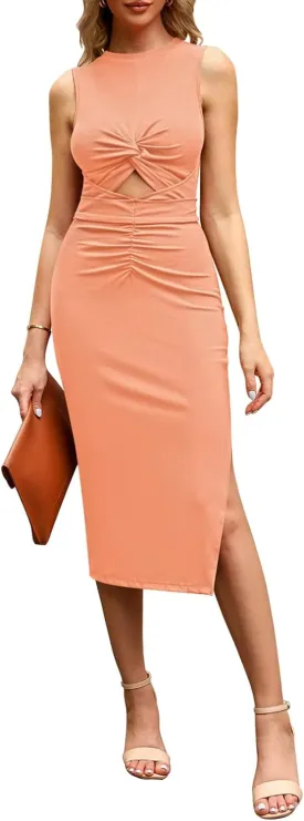 TOLENY Summer Sleeveless Cutout Dresses for Women Twisted Knot Ruched Side Slit Ribbed Bodycon Dress