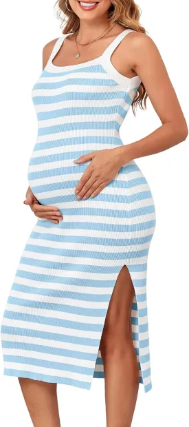 V FOR CITY Maternity Dresses Sleeveless Rib Knit Slit Baby Shower Dress Casual Square Neck Bodycon Pregnancy Outfits
