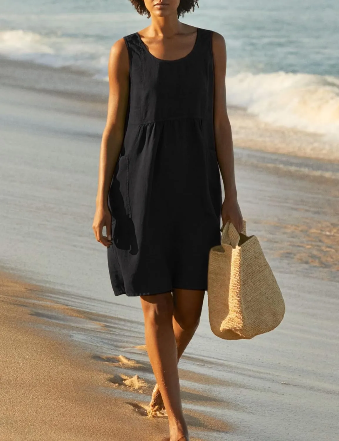 Watashi Women Summer Sleeveless Dress Casual Cotton Linen Sundress Midi Tunic Tank Beach Dress with Pockets