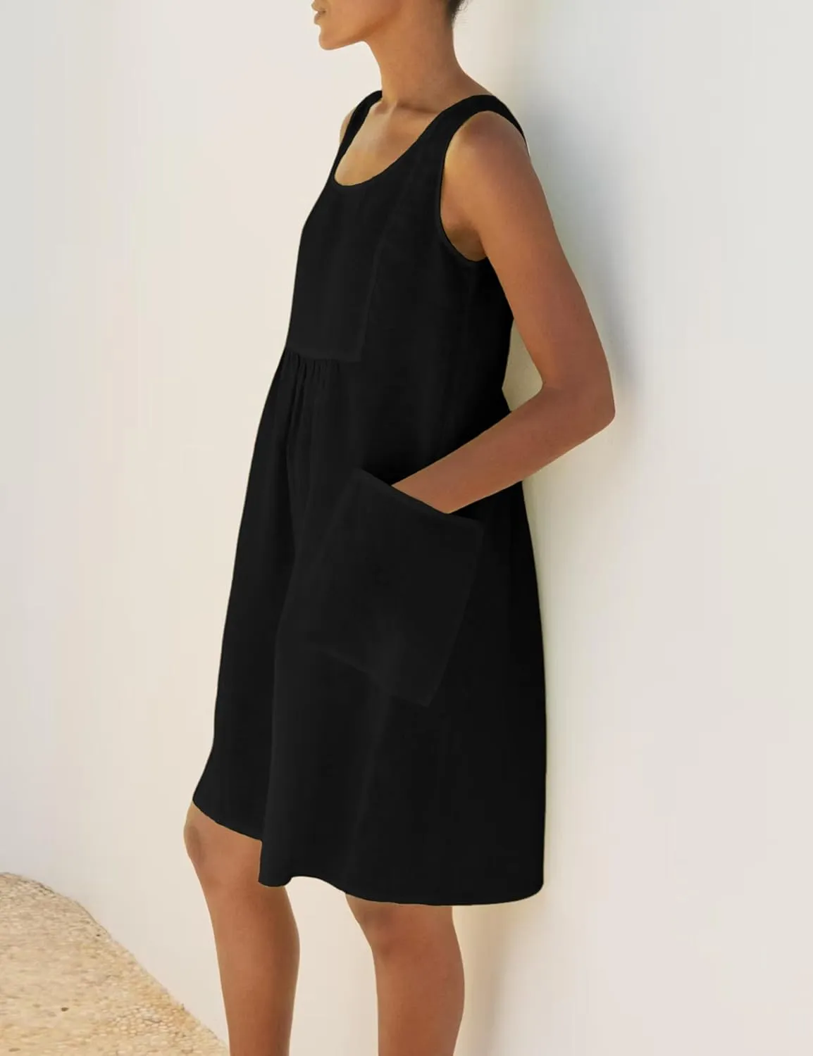 Watashi Women Summer Sleeveless Dress Casual Cotton Linen Sundress Midi Tunic Tank Beach Dress with Pockets