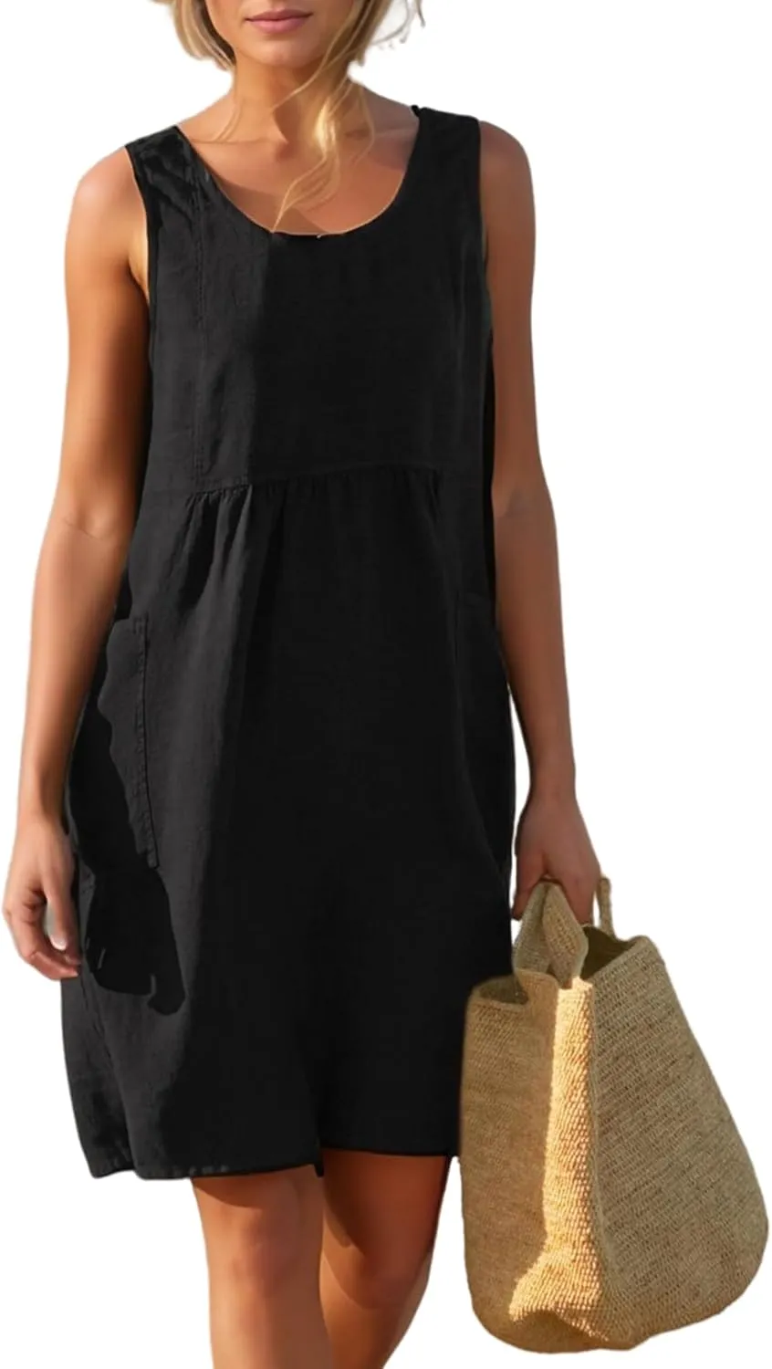 Watashi Women Summer Sleeveless Dress Casual Cotton Linen Sundress Midi Tunic Tank Beach Dress with Pockets