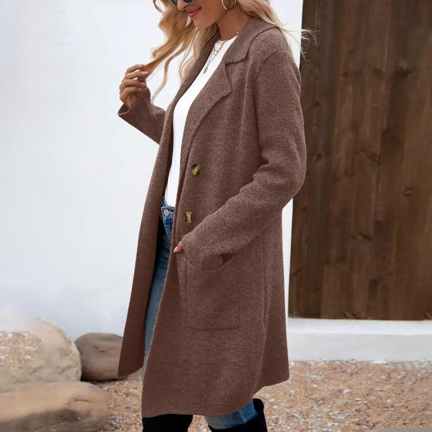 Winter Trench Coats for Women Casual Dressy Long Sleeve Open Front Knit Peacoat Plus Size Lightweight Sweater Jacket Coatigan