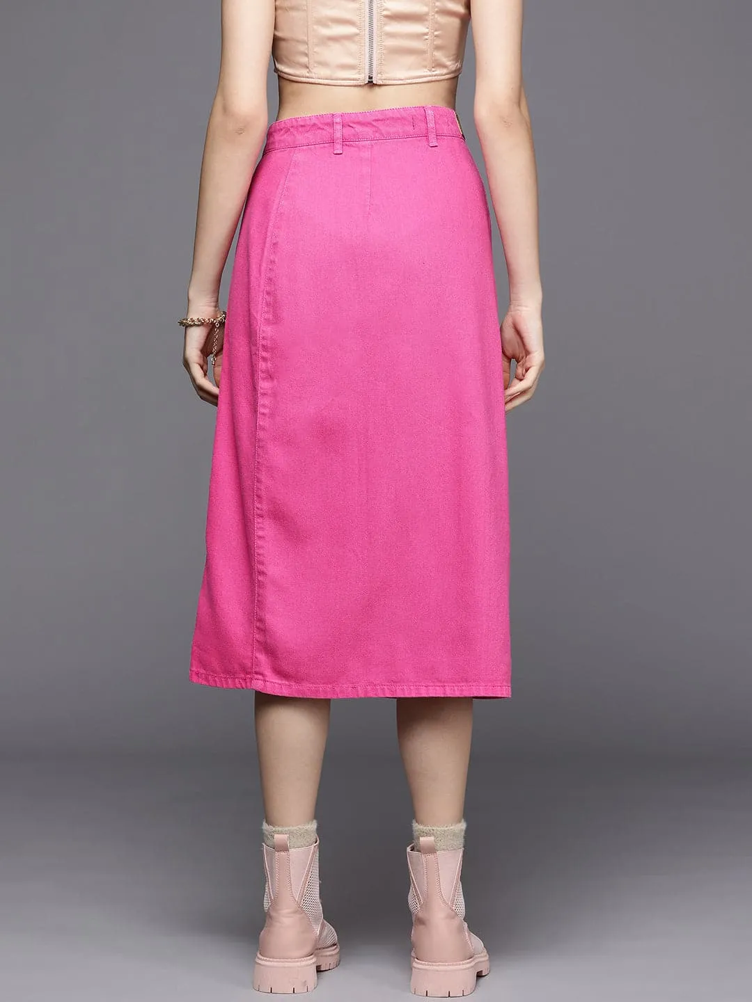 Women Pink Denim Front Button Midi Pencil Skirt