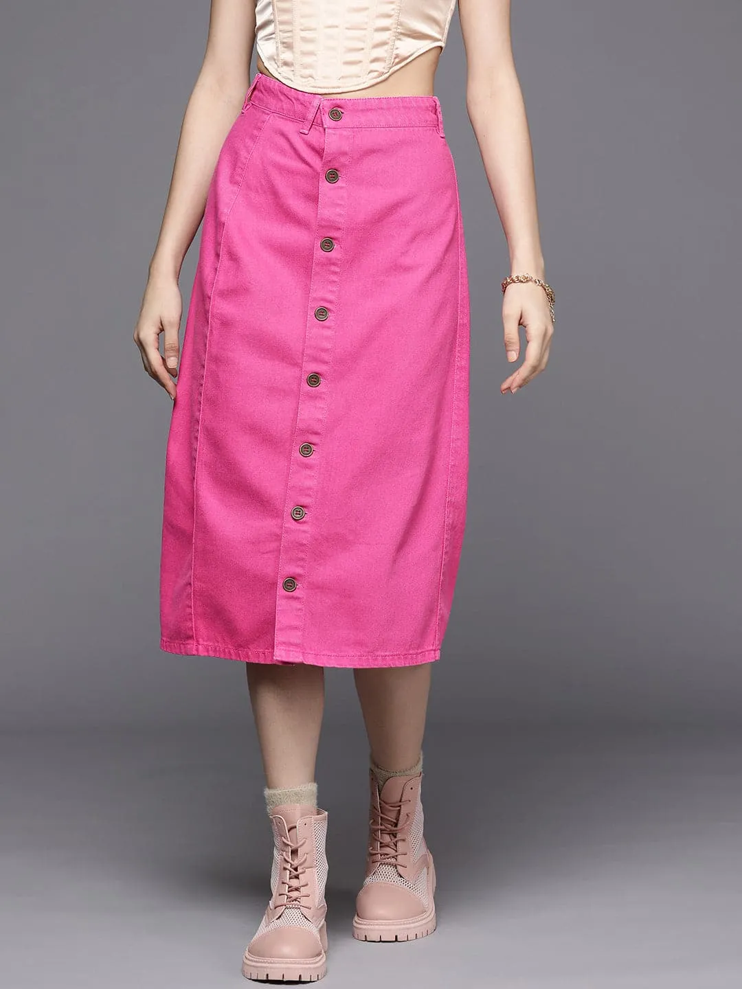 Women Pink Denim Front Button Midi Pencil Skirt