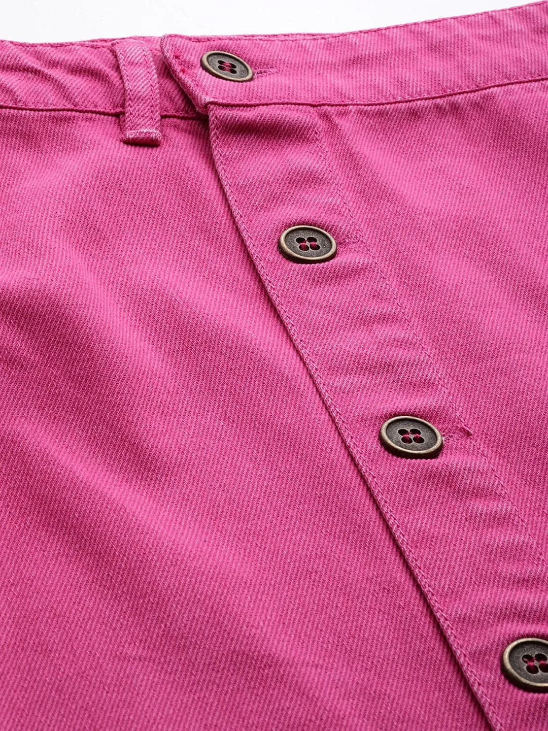 Women Pink Denim Front Button Midi Pencil Skirt