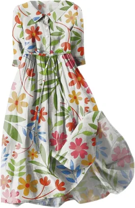 Women Summer Cotton Linen Dress 3/4 Sleeve Crew Neck Loose Long Dress Double Layers Flowy Smocked Tiered Dress