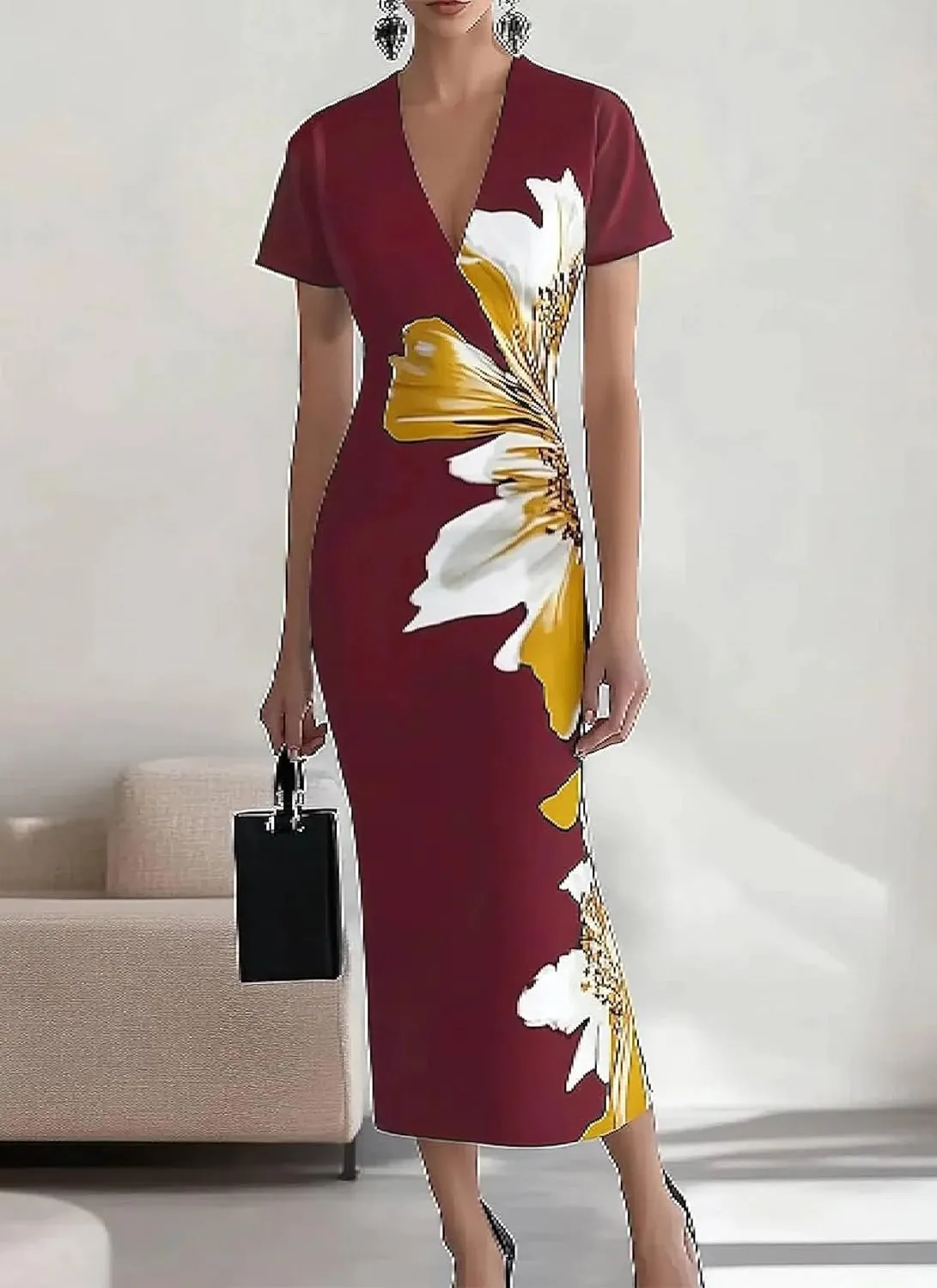 Women's Boho Floral Print Wrap Dress 2025 Summer Elegant V Neck A-Line Semi Formal Cocktail Party Maxi Dresses