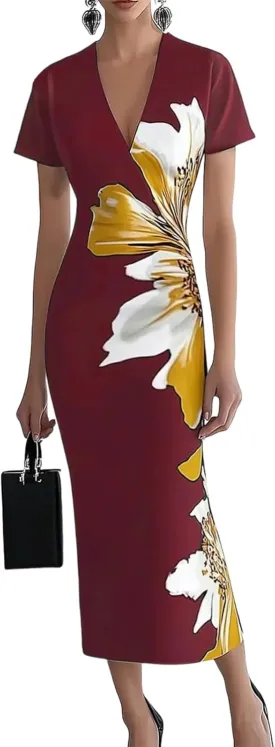 Women's Boho Floral Print Wrap Dress 2025 Summer Elegant V Neck A-Line Semi Formal Cocktail Party Maxi Dresses