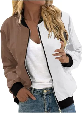 Women's Bomber Jacket Zip Up Long Sleeve Windbreaker Casual Color Block Lightweight Jackets Coats Outwear with Pockets