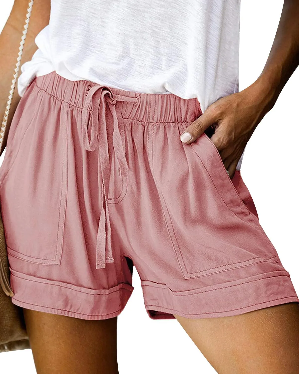 Womens Elastic Waist Comfy Drawstring Shorts Beach Casual Shorts Summer Lightweight Short Pants with Pockets