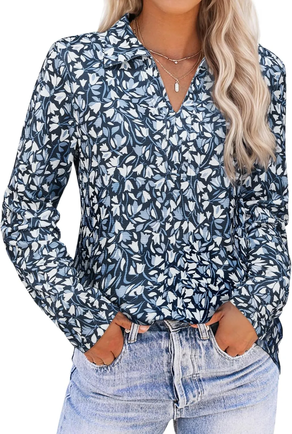Women's Polo Shirts Collared V Neck Work Tops Long Sleeve Business Casual Dressy Blouses Textured Ribbed Tunic